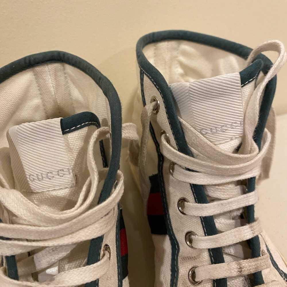 GUCCI White High-Top Sneakers with signature leather toe -Red and Green Stripes - Picture 6 of 11